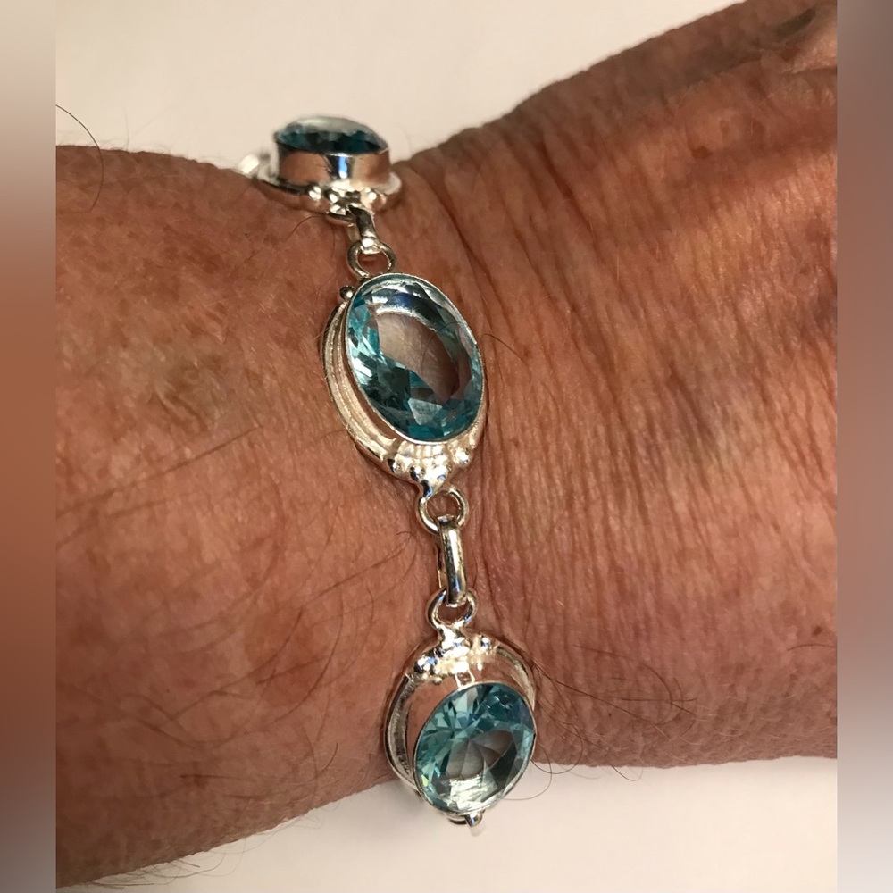 Blue Topaz Stamped 925 Sterling Silver Bracelet